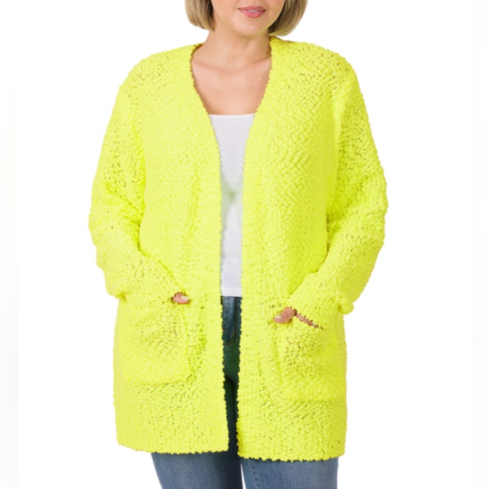 Zenana neon yellow long sleeve fuzzy open front cardigan, NWT BOUTIQUE